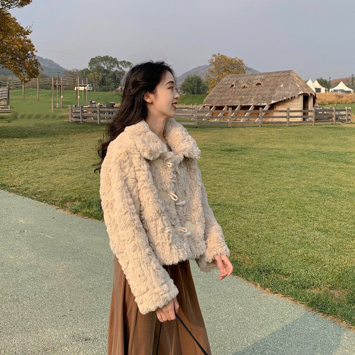 Lamb Fur Coat For Women Horn Button One-piece Loose